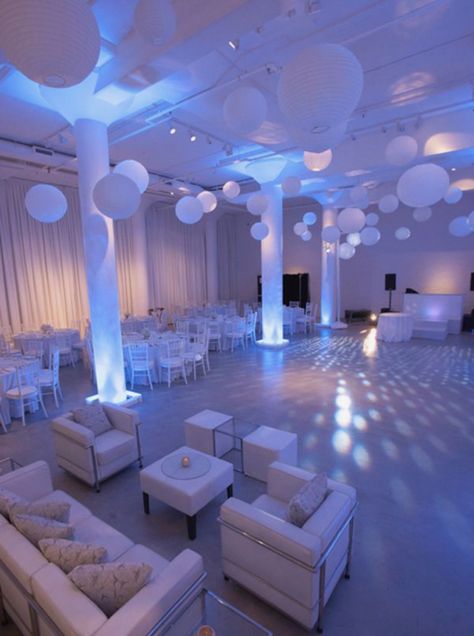 All White Wedding Venue Decor, All White Day Party Decor, White Led Lights Party, 21st Venue Decorations, White Party Furniture, Event Space Design Lounge Areas, Event Room Decor, Monochromatic Party Decor, White Bday Party Ideas