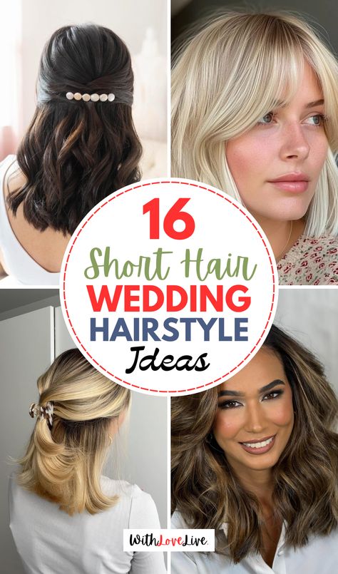 Elevate your wedding guest look with these short-hair hairstyle ideas! 💁‍♀️🎉 Whether you're looking for a sleek, polished look or effortless waves, these styles are perfect for short hair. Save this pin for easy yet elegant wedding hairstyles! 📌🌟 Wedding Guest Makeup And Hair, Medium Hair Bridal Hairstyles, Elegant Hairstyles For Wedding Guest, Bridal Hair For Medium Length, Short Hair Wedding Guest, Off Shoulder Dress Hairstyle, Wedding Guest Hairstyles Medium, Wedding Hairstyles Medium Hair, Hairstyle For Wedding Guest