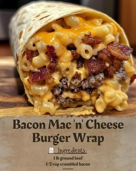 Bacon Mac And Cheese Wrap, Bacon Macaroni Cheeseburger Wrap, Mac N Cheese Quesadilla, Mac And Cheese Wrap, Lunch Ideas For Families, Bacon Mac N Cheese Burger Wrap, Bbq Mac N Cheese, Bacon Mac And Cheese Burger Wrap, Food Recipes With Beef