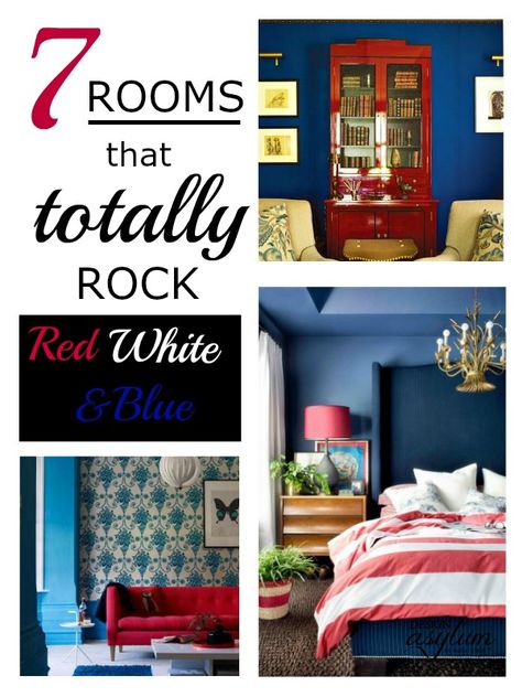 7 Rooms that Totally Rock Red, White and Blue via Design Asylum Blog Red White And Blue Bedroom, Rustic Home Decorating, Guest Room Colors, Pink Office Chair, Blue Diy, Decor Pad, Home Decorating Ideas Living Room, Amazing Crafts, Gorgeous Interiors