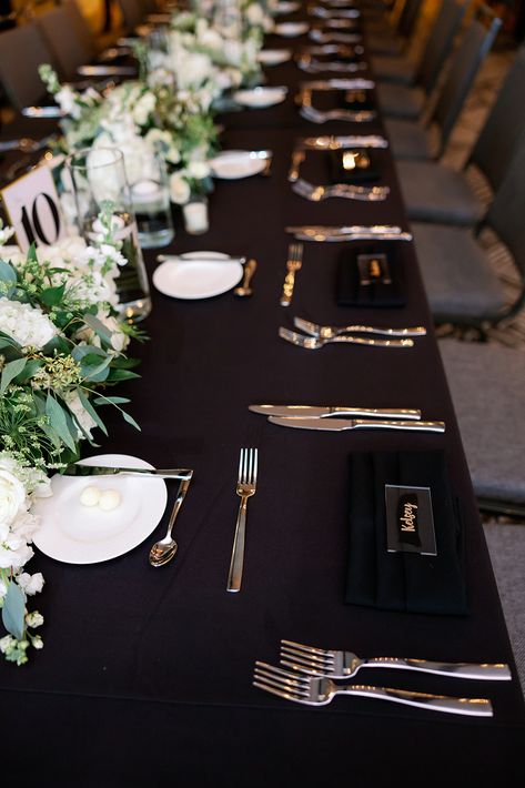 Black Satin Tablecloth Wedding, Black And Ivory Table Setting, Silver Chargers Wedding Place Settings, Black Linen Table Decor, Black Linen White Plate Wedding, Black Tablecloth Wedding Receptions, Black Dinner Plates Table Setting, Wedding Table Settings Black Table Cloth, Wedding Tables Black Tablecloth