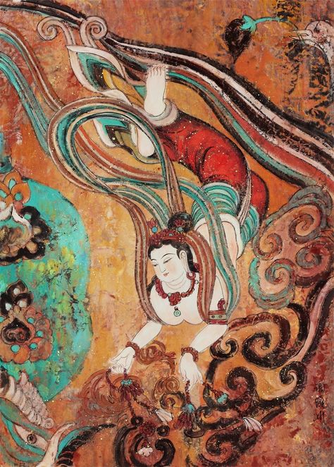 Flying Apsara - painting by Chinese pinter Xie Xiaobing in the Dunhuang Dream - Dunhuang Murals Exhibition Apsara Painting, Dunhuang Murals, Dunhuang Feitian, Emoji Drawings, 18th Century Paintings, Dunhuang, Silk Route, Traditional Medicine, Buddhist Art