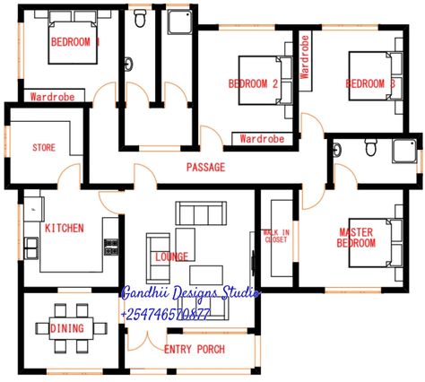 Amazing four bedroomed bungalow... - Gandhii Designs Studio 3 Bedroom Bungalow Floor Plans, Bungalow Layout, 4 Bedroom Bungalow House Plans, Small House Design Floor Plan, 5 Bedroom Bungalow, One Floor House Plans, Bungalow House Floor Plans, Memory Quotes, Plan Architecture