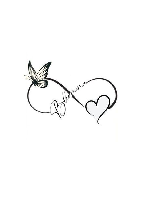 Names In Tattoos Design, Heart And Name Tattoo Ideas, Heart With Name Tattoo Design, Butterfly Tattoo Designs With Name, Butterfly And Infinity Tattoo, Butterfly With Names Tattoo, Infinity With Name Tattoo, Butterfly Tattoo With Name In Wings, Name With Design Tattoo