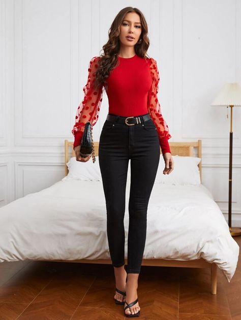 Mesh Sleeve Top Outfit, Red Top Outfit, Red Floral Top, Cute Christmas Outfits, Clothing Model, Christmas Outfits, Elegant Blouses, Mesh Sleeves, Comfortable Tops