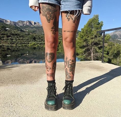 Trippy Leg Tattoos, Shin Tattoo Womens, Over The Knee Tattoo Words, Over Knee Tattoo, Below Knee Tattoo, Over The Knee Tattoo, Leg Tattoo Placements, Knee Tattoo Ideas, Shin Tattoos