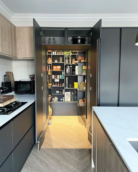 Wren Kitchens on Instagram: "What’s the secret behind a picture-perfect kitchen? It’s what lies behind the scenes! A pantry or chef’s larder is fast becoming one of the home's most desired features in the home. This amazing pantry is stocked to perfection and hidden behind this beautiful run of striking Milano Pencil cabinets. It is the perfect way to neatly store your kitchen essentials. 📸: @houseonthetop #wrenkitchens #wrenovation #kitchendesign #kitcheninspo #kitchendecor #homedecor #kitche Amazing Pantry, Desired Features, Wren Kitchens, Minimal Kitchen Design, Wren Kitchen, Hidden Pantry, Handleless Kitchen, Kitchen Island Ikea Hack, Small Kitchen Layouts