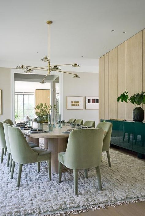 Green velvet Dining Chairs with Gray Wash Wooden Dining Table - Transitional - Dining Room Elegant Girls Room, Green Velvet Dining Chairs, Fringe Rug, Crushed Velvet Sofa, Dining Table Chandelier, Blue Laundry Rooms, Shared Girls Room, Wooden Beams Ceiling, Off White Kitchens