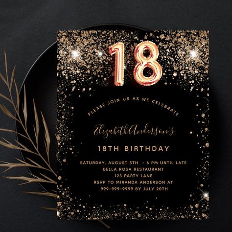 Budget 18th birthday black gold glitter invitation 18th Birthday Invites, Black And Gold Invitations, 18th Birthday Party Themes, Debut Invitation, Birthday Invitation Card Template, 18th Birthday Cards, Invitation Flyer, Glitter Invitations, Birthday Party Theme Decorations