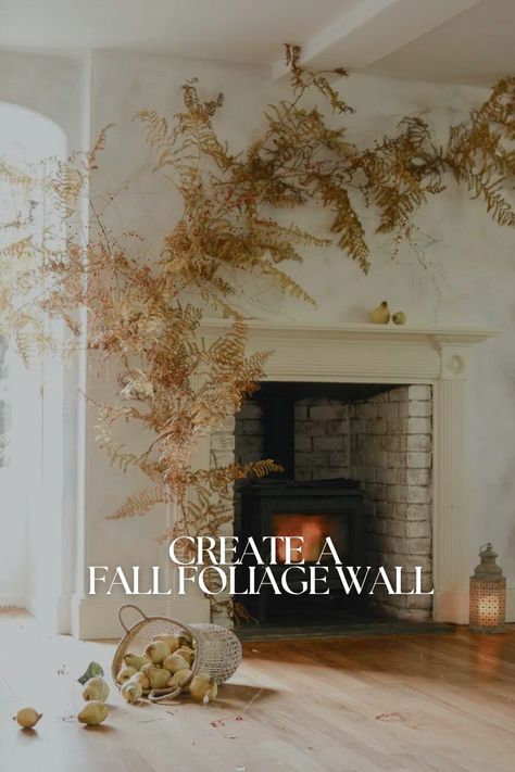 Collect bracken and red berries and celebrate fall with a dramatic display around a fireplace, across a mantel, or along a wall – from floral designer Brigitte Girling  Image credit: Brigitte Girling Fireplace Display Ideas, Dried Flower Garland Fireplace, Diy Fall Garland Mantel, Fall Mantel Decor Ideas, Fall Arrangements Floral Design, Pumpkin Fireplace, Floral Wall Installation, Antiques Display, Mantel Floral Arrangements