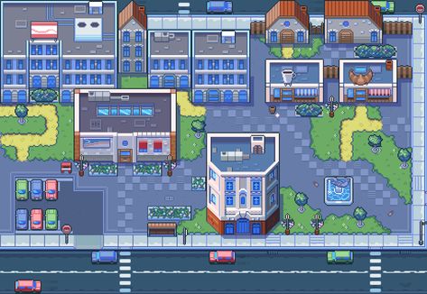 Clean City Asset Pack - 2D Art - itch.io Top Down Building Pixel Art, Top Down City Pixel Art, Topdown Pixelart, Building Pixel Art, 2d Game Design, Pixel Art Map, Pixel Art Building, City Pixel Art, Pixel Scenery