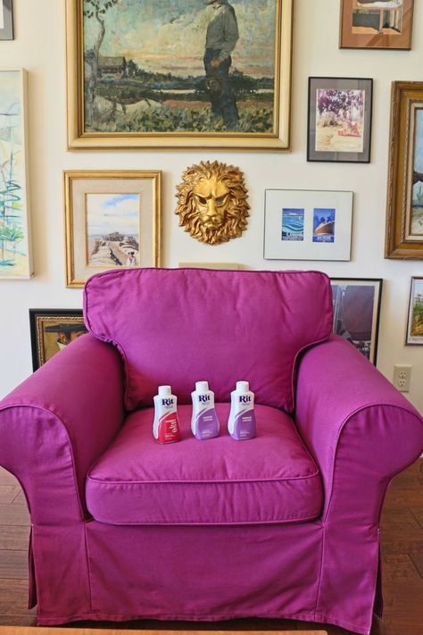 Great tutorial- how to dye IKEA ektorp slipcovers fuchsia. How To Dye Ikea Slipcover, Ikea Ektorp Chair, Ektorp Sofa Hack, How To Dye A Couch, Rit Dye Furniture, Ektorp Chair, Ikea Chair Cover, Ektorp Sofa Cover, Painting Fabric Furniture