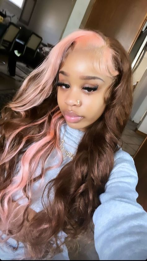 Brown And Pink Hair Wig, Brown Wig With Pink Highlights, Brown And Pink Lace Front Wig, Blonde Hair And Pink Highlights, Honey Blonde And Pink, Pink And Brown Hair Black Women, Light Pink And Brown Hair, Pink And Dark Brown Hair, Light Brown And Pink Hair