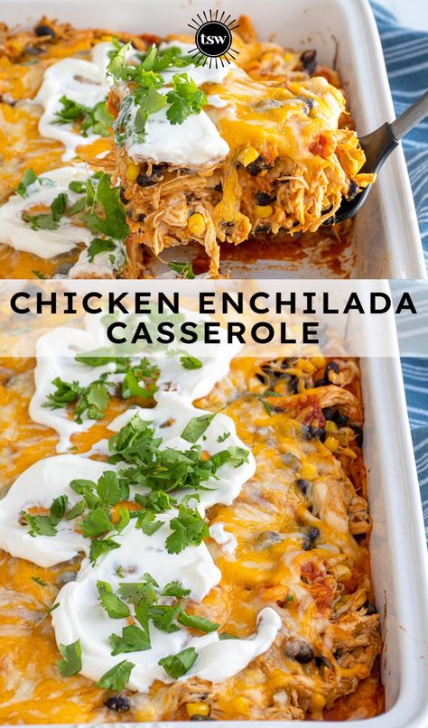 Chicken Enchilada Casserole | The Schmidty Wife Chicken Enchilada Casserole No Tortilla, Layered Chicken Enchiladas, Dinner Casserole Recipes Healthy, Chicken Black Bean Enchilada Casserole, Baked Enchilada Casserole, Healthy Enchilada Bake, Chicken Enchilada Pie, Oven Enchiladas Chicken, Enchilada Sauce Dinner Ideas