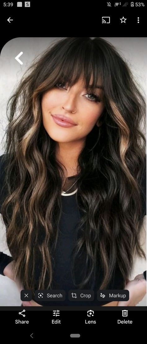 Brown Hair With Front Money Piece, Dark Hair With Chunky Money Piece, Long Brunette Hairstyles With Bangs, Dark Brown Hair With Bangs And Highlights, Peekaboo Brunette Hair, Brunette With Underneath Color, Best Haircut For Thick Wavy Hair Medium, Brunette Highlights With Bangs, Hair Cuts For Long Hair No Layers