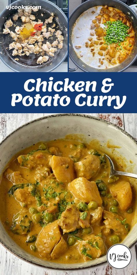 A tasty and easy one pot chicken curry with potato pieces that cook in the curry sauce. Made from chicken thighs, diced potatoes, onion, ginger, garlic, ground cumin, ground coriander, curry powder, tomato paste, chicken stock, coconut cream, peas, spinach and fruit chutney. This easy to prepare meal ticks all the boxes. Nutritious, balanced, affordable and not too intense for kids. #vjcooks #winnerwinnerchickendinner #currynight Curry Ground Chicken, Chicken And Veggie Curry, Chicken Potato Curry Recipe, Different Types Of Curry, Potato Chicken Curry, Chicken Lentil Curry, Chicken Curry With Potatoes, Curry Meals, Chicken And Potato Curry