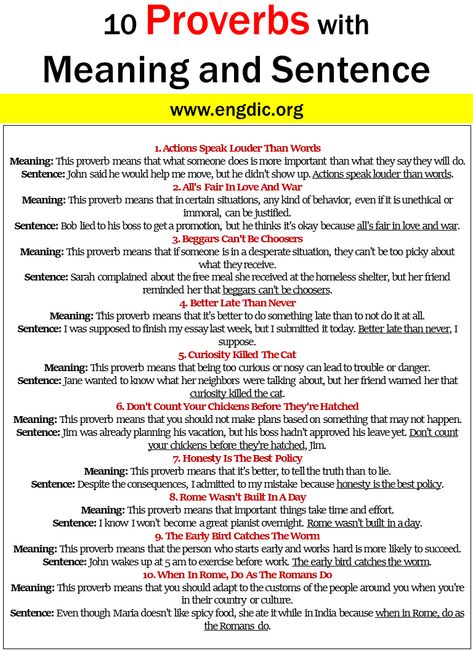 Proverbs are a great way to get a better understanding of the world and its cultures. They offer us an insight into the values, experiences, and beliefs of people across time and place. While proverbs vary in form and structure, they all have one thing in common: deep meaning. In this article, we’ll explore 10 proverbs with meaning and sentence examples that showcase their powerful messages. Related: Easy Proverbs in English with Meaning Proverbs with Meaning and Sentence 1. Actions Speak Proverbs With Meaning, English Proverbs With Meanings, Proverbs In English, Proverb With Meaning, Proverb Meaning, Proverbs English, English Proverbs, Words Meaning, Meaningful Sentences