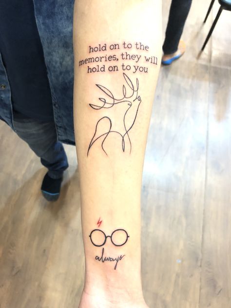 ✨hold on to the memories, they will hold on to you✨ #TaylorSwift #Tattoo #Tattoos #Tat #Ink #HarryPotter #Patronus #Always #HoldOnGoTheMemoriesTheyWillHoldOnToYou #Swifties #Swifty #Taylor #Swift Taylor Swift Inspired Tattoos, Hold On To The Memories, Tribute Tattoos, Taylor Swift Tattoo, Lyric Tattoos, Taylor Swift Inspired, Inspired Tattoos, Famous Tattoos, Tattoo Flash Sheet