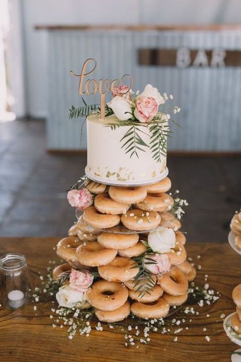 you may also go for a cake plus donuts - the latter are a hot trend today Summer Wedding Diy, Wedding Donuts, Creative Wedding Cakes, Rustic Shower, Rustic Bridal, Bridal Shower Rustic, Coastal Wedding, Wedding Cupcakes, Wedding Cake Designs