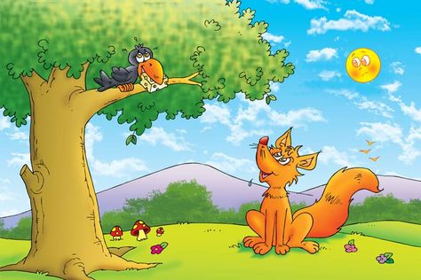 The Fox And The Crow Story For Kids In English, With Moral Butterfly Cartoon Images, Crow Story, The Fox And The Crow, Picture Story Writing, Picture Story For Kids, Crow Pictures, Cunning Fox, Moral Stories For Kids, Story Drawing