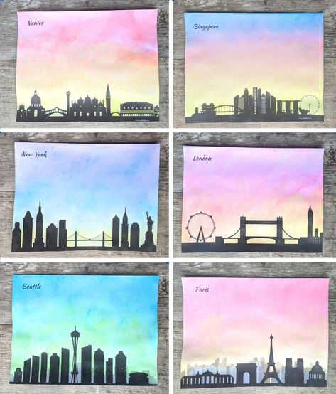 City Skyline Watercolor Painting for Preschoolers - Go Places With Kids France Preschool, Painting For Preschoolers, City Skyline Drawing, Skyline Watercolor Painting, Kindergarten Snacks, Skyline Drawing, Watercolor Skyline, Children Crafts, 2024 Art