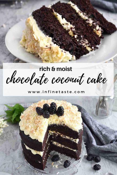 Chocolate Coconut Cream Cake, Dark Chocolate Coconut Cake, Chocolate Cake With Coconut Filling, Coconut Chocolate Cake Recipe, Chocolate And Coconut Cake, Coconut Cake Filling, Chocolate Coconut Desserts, Coconut Torte, Russian Buttercream