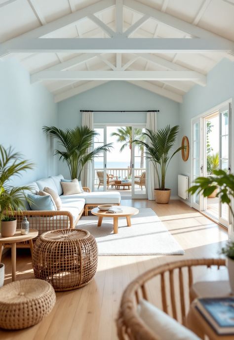 Beach Modern Coastal Living Room Modern Beach Living Room, Beachy Interior Design, Modern Coastal Living Room Ideas, Coastal Mid Century Modern, Marsh House, Coastal Living Room Ideas, Modern Coastal Living Room, Pale Blue Walls, Light Wooden Floor