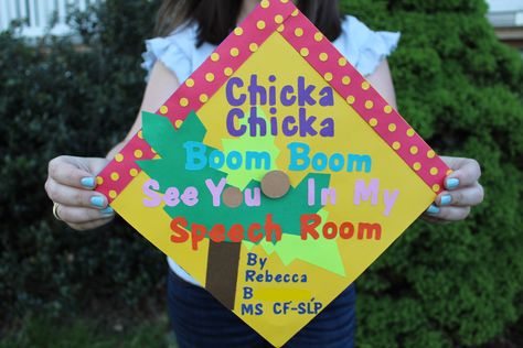 Speech Pathologist (SLP) Graduation Cap  #SLP #speechpathology #speechpathologist #graduation #graduationcap #collegegraduation #speechtherapy #speechtherapist #speechteacher #preschool #chickachickaboomboom #preschoolSLP Slp Masters Graduation Cap, Slp Cap Decoration, Speech Language Pathology Graduation Cap, Speech Graduation Cap, Preschool Teacher Graduation Cap, Future Slp Graduation Cap, Slp Graduation Party, Speech Therapy Graduation Cap, Early Childhood Graduation Cap Ideas