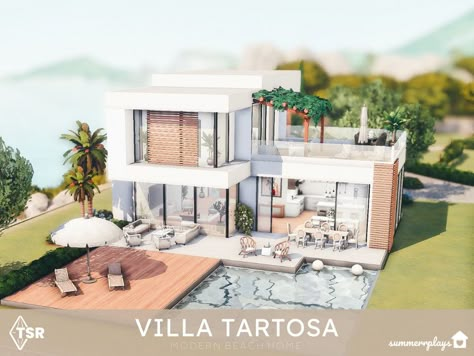 Sims 4 Villa, Sims 4 Beach House, Sims4 Houses, Beach House Layout, Sims 4 Modern House, Lotes The Sims 4, Sims Freeplay Houses, Sims Houses, Sims Builds