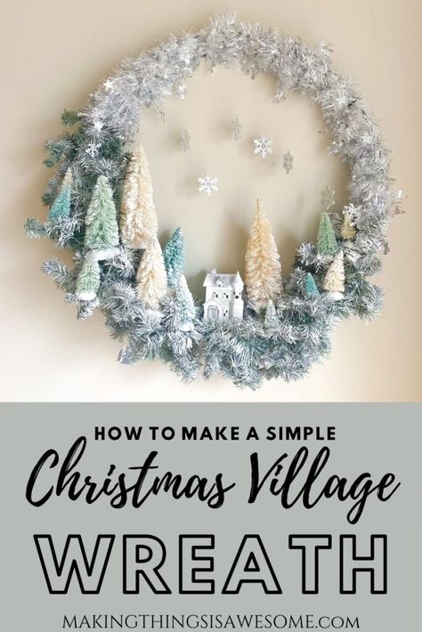 Diy Dollar Store Christmas Wreath, Creative Christmas Wreaths, Christmas Dollar Store Diy, Diy Large Wreath, Dollar Store Diy Christmas Decorations, Wreath With Houses, Dollar Store Wreath Diy, Christmas Door Wreaths Diy, Diy Xmas Wreaths