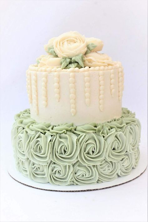 Simple 2 Tier Cakes, Two Tier Cakes Birthday, Sage Green Birthday Cake 2 Tier, Sage Green Birthday Cake Ideas, Wedding Cake 2 Layer, 2 Layer Cake Birthday, 2 Layer Cake Design, Two Layer Cake Designs, 2 Layer Cake Birthday Design