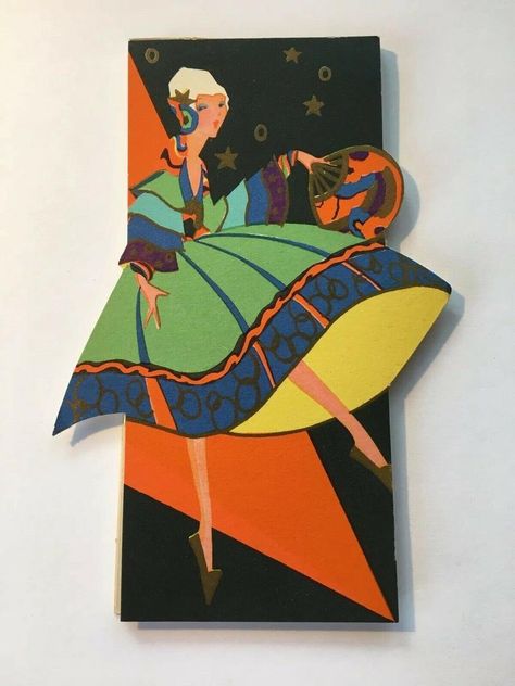 Vintage Art Deco Bridge Score Pad Colorful Dancing Lady Fan~P.F. Volland~ 1930's Lady Dancing, Art Deco Drawing, Bridge Tally Cards, Art Deco Illustrations, Art Deco Cards, Flowers In The Attic, Art Deco Paintings, Art Deco Illustration, Pixies Fairies