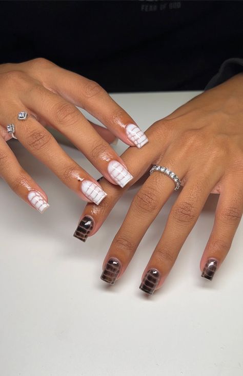 Short Square Birthday Nail Ideas, Birthday Short Square Nails, Short Square Croc Nails, Trending Nails Square, Black And White Short Nails Ideas, Black And White Shirt Nails, Short Square Wedding Nails, Short Square Acrylic Nails Dark Colors, Short Acrylic Nails Designs Fall