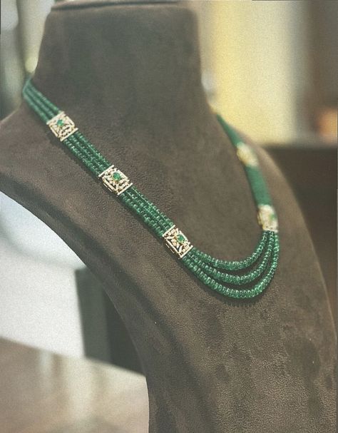 Emeralds Beads Jewellery, Pusalu Chains, Jade Beads Necklace Indian, Emerald Beads Jewellery, Ruby Beads Necklace Designs, Green Beads Jewellery Designs, Traditional Jade Beaded Necklaces, Traditional Green Long Necklace Beads, Ruby Emerald Beads Mala