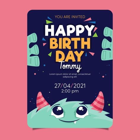 Digital Birthday Cards Design, Birthday Invitation Card Design, Kids Party Invitations, Digital Invitations Birthday, Birthday Invitation Design, Kids Invitation, Monster Birthday Invitations, Birthday Email, Baby Birthday Card