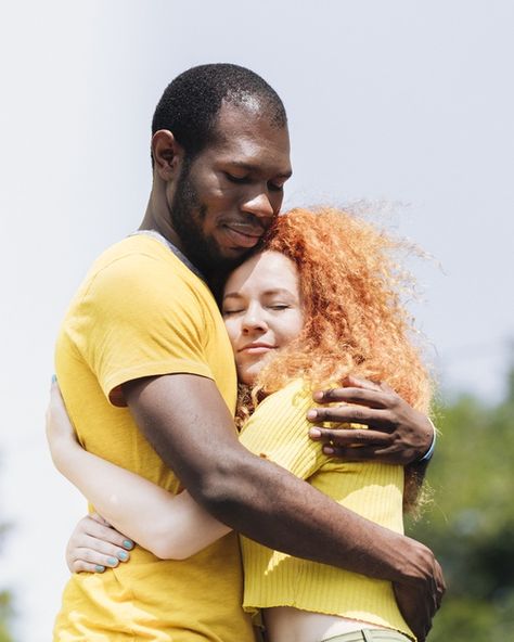 Side view of interracial couple hugging ... | Premium Photo #Freepik #photo #love #woman #man #happy Man And Woman Hugging, Hugging Side View, Man Hugging Woman, Side Hug Pose, Hug Pose Reference Friend, Women Hugging, Side Hug Reference, Two People Hugging, Side Hug