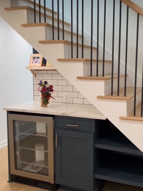 Open Shelving Under Stairs, Under Stairs Bar Ideas Staircases, Under Stairs Snack Bar, Under Floating Stairs Ideas, Under Stairs Basement Ideas, Under Stairwell Ideas, Coffee Bar Under Stairs, Bar Under Staircase, Bookshelves Playroom