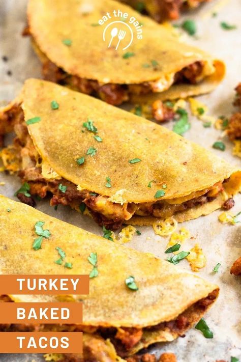 Turkey baked tacos are stuffed with seasoned taco meat, beans, and cheese and then baked in the oven until crispy on the outside. They make a delicious and easy taco recipe everyone will love! High in protein and gluten-free. Baked Turkey Tacos, Macro Dinner, Easy Taco Recipe, Ground Turkey Taco Recipes, Turkey Tacos Recipes, Oven Baked Tacos, Baked Tacos, Beans And Cheese, Ground Turkey Tacos