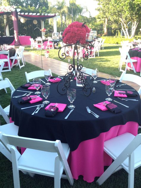 Black and fuchsia table setting. Wedding Black Fuchsia Gold Party, Fuschia And Black Party Decorations, Quinceanera Dresses Black And Pink, Hot Pink Table Setting, Hot Pink And Black Birthday Party Ideas, Black And Pink Quinceanera Theme, Pink Black And Silver Party Decor, Black And Pink Table Setting, 21st Birthday Table Decorations