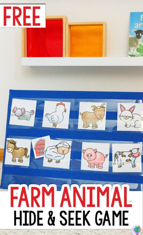 Free printable farm animal hide and seek game for preschool and toddlers. Learn to identify farm animal names with a pocket chart and this free printable activity for preschool. #freeprintable #preschool #toddler #farmanimal #farmanimaltheme #lifeovercs #iteachtoo #teachers Animal Games For Toddlers, Farm Animals Games, Farm Sensory Bin, Pattern Block Mats, Farm Activities Preschool, Farm Animals Preschool, Game For Preschool, Farm Lessons, Farm Animals Activities