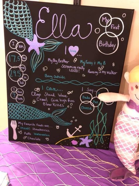 Mermaid birthday. First birthday sign. First birthday party. Mermaid Birthday Party Chalkboard, Mermaid Chalkboard Art, Mermaid Chalkboard, Caroline Birthday, Birthday Chalkboard Art, First Birthday Sign, Birthday Milestone Board, Mermaid Theme Birthday Party, Happy 6th Birthday