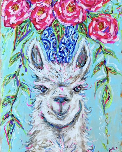 Purchase Llama and Bouquet Canvas and 2 other items Llama Arts, Bouquet Painting, Blue White Decor, Colorful Animals, Beautiful Stickers, Floral Background, Art Reproductions, Llama, Gold Leaf