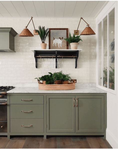 Olive Green Kitchen, Sage Green Kitchen, Mad About The House, Interior Design London, White Subway Tile Backsplash, Mews House, Basement Kitchen, Green Kitchen Cabinets, Farmhouse Kitchens