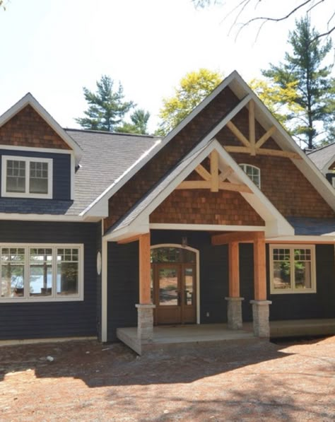 Navy House With White Trim, Dark Blue House With Cedar Accents, Navy And Cedar House Exterior, Shingles On House Exterior, Midnight Blue Vinyl Siding House, Roof Peak Accents, Dark Blue House Exterior With Wood, Airbnb Exterior, Navy Blue House Exterior