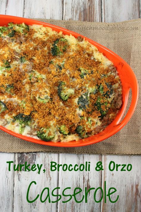 Turkey, Broccoli and Orzo Casserole A creamy casserole w/ lean ground turkey, fresh broccoli, tons of cheese and orzo pasta.  Ultimate #comfortfood Broccoli Casserole Recipes, Orzo Casserole, Sonoma Diet, Turkey Broccoli, Ground Turkey Casserole, Creamy Casserole, Cheesy Dinner, Making Salad, Dinner Board