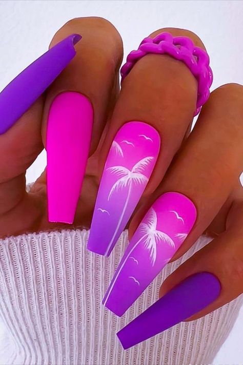 Ombre Purple Nail Designs, Nail Summer, Barbie Nails, Glittery Nails, Sassy Nails, Stylish Nails Designs, Vibrant Nails, Glow Nails, Acrylic Nails Coffin Short