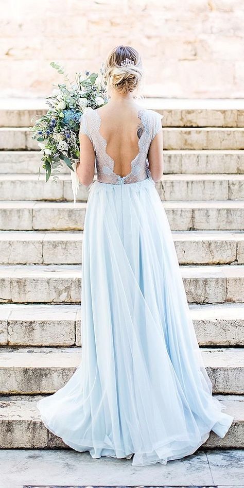 blue wedding dresses a line with cap sleeves v back lace top atelier qaragma Blue Wedding Dress Royal, Blue Wedding Gowns, Petite Bride, Blue Wedding Dress, Blue Weddings, Blue Bride, White Bridal Dresses, Wedding Dress Guide, Bridal Ball Gown