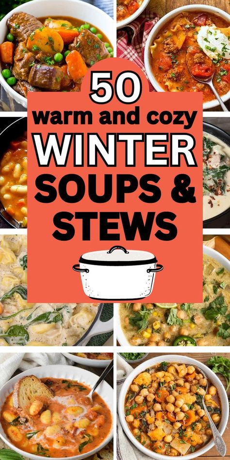 cozy meals for cold weather Savoury Soup Recipes, Soups That Last A Week, February Soup Recipes, Potluck Soup Ideas, Best Soup For Cold Weather, Soup Stews And Chowders, Crockpot Stews And Soups, Cold Weather Food Crock Pots, Cozy Winter Soup