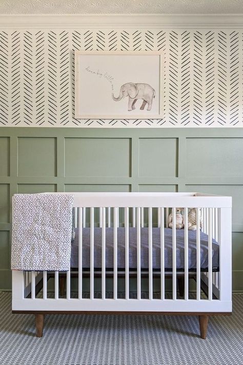 Gender Neutral Nursery Inspiration, Nursery Inspiration Neutral, Chevron Stencil, Nursery Accents, Nursery Accent Wall, Batten Wall, Modern Crib, Baby Room Neutral, Nursery Room Design