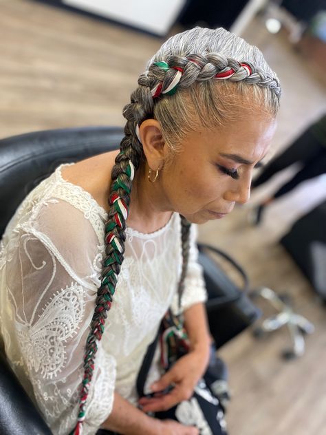 Mexican Independence Day Hairstyles, Mexican Braid Hairstyles, Braids Mexican, Mexican Braids With Ribbon, Mexican Braids, Mexico Braids, Mexican Independence, Mexican Hairstyles, I Like Your Hair